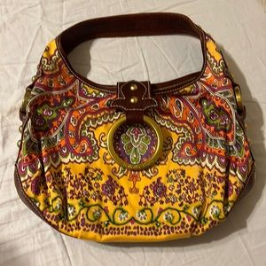Isabella Fiore Cheerful Fabric and Leather Brass Studded Baguette Shoulder Bag